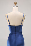 Dark Blue Sheath Spaghetti Straps V Neck Velvet Long Bridesmaid Dress with Slit