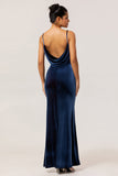 Dark Blue Mermaid Cowl Neck Velvet Long Bridesmaid Dress with Open Back