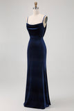 Dark Blue Mermaid Cowl Neck Velvet Long Bridesmaid Dress with Open Back