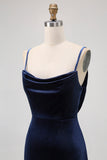 Dark Blue Mermaid Cowl Neck Velvet Long Bridesmaid Dress with Open Back