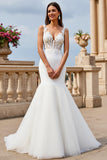 Mermaid Lace Ivory V-Neck Long Wedding Dress