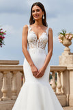 Mermaid Lace Ivory V-Neck Long Wedding Dress