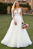 V-Neck A Line Long Sleeve Ivory Wedding Dress with Appliques