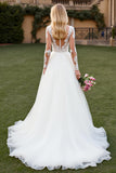 V-Neck A Line Long Sleeve Ivory Wedding Dress with Appliques