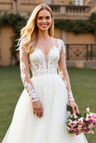 V-Neck A Line Long Sleeve Ivory Wedding Dress with Appliques
