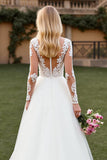 V-Neck A Line Long Sleeve Ivory Wedding Dress with Appliques