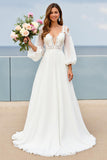 Ivory A Line Long Sleeve Wedding Dress with Appliques