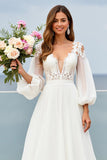 Ivory A Line Long Sleeve Wedding Dress with Appliques