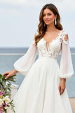 Ivory A Line Long Sleeve Wedding Dress with Appliques