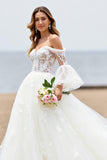 Ivory Off The Shoulder A Line Wedding Dress with Appliques