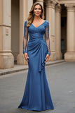 Navy Mermaid Long Sleeve Mum of the Bride Dress With Appliques