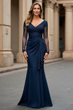 Navy Mermaid Long Sleeve Mum of the Bride Dress With Appliques