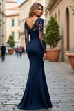 Navy Mermaid Long Sleeve Mum of the Bride Dress With Appliques