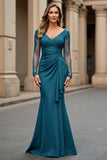 Navy Mermaid Long Sleeve Mum of the Bride Dress With Appliques