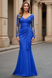 Navy Mermaid Long Sleeve Mum of the Bride Dress With Appliques