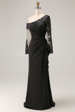 Black Long Sleeve Lace Appliqued Mother of the Bride Dress