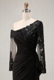 Black Long Sleeve Lace Appliqued Mother of the Bride Dress