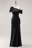 Black Mermaid Appliqued Asymmetrical Mother of the Bride Dress