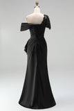 Black Mermaid Appliqued Asymmetrical Mother of the Bride Dress