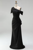 Black Mermaid Appliqued Asymmetrical Mother of the Bride Dress