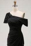 Black Mermaid Asymmetrical Appliqued Mother of the Bride Dress