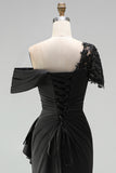 Black Mermaid Appliqued Asymmetrical Mother of the Bride Dress