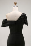 Black Mermaid Asymmetrical Appliqued Mother of the Bride Dress