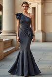 Steel Grey Mermaid One Shoulder Evening Dress With Appliques