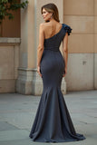 Steel Grey Mermaid One Shoulder Evening Dress With Appliques