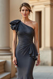 Steel Grey Mermaid One Shoulder Evening Dress With Appliques