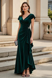 Pine Ruched Cap Sleeve V-Neck Mum of the Bride Dress