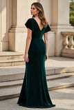 Pine Ruched Cap Sleeve V-Neck Mum of the Bride Dress