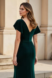 Pine Ruched Cap Sleeve V-Neck Mum of the Bride Dress