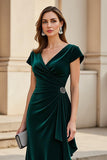 Pine Ruched Cap Sleeve V-Neck Mum of the Bride Dress
