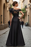 A Line Asymmetrical Appliqued Black Mother of the Bride Dress