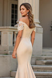 Off the Shoulder Mermaid Champagne Appliqued Mother of the Bride Dress
