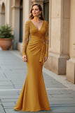 Mermaid V-Neck Pine Long Mother Of The Bride Dress with Long Sleeves