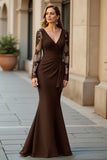 Mermaid V-Neck Pine Long Mother Of The Bride Dress with Long Sleeves