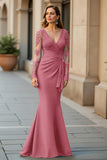 Mermaid V-Neck Pine Long Mother Of The Bride Dress with Long Sleeves