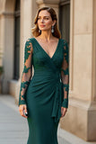 Mermaid V-Neck Pine Long Mother Of The Bride Dress with Long Sleeves