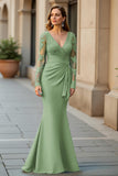 Mermaid V-Neck Pine Long Mother Of The Bride Dress with Long Sleeves