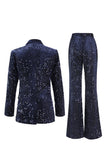 Sparkly Peaked Lapel 2-Piece Navy Prom Suits
