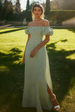 Off The Shoulder A Line Ivory Engagement Dress with Slit