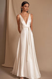 A Line V-Neck Ivory Long Wedding Dress with Sash