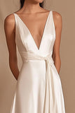 A Line V-Neck Ivory Long Wedding Dress with Sash