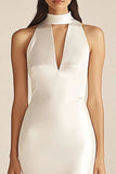 Satin Mermaid High Neck Ivory Cut Out Engagement Dress