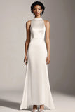 High Neck A Line Ivory Satin Engagement Dress