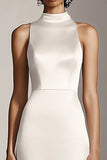 High Neck A Line Ivory Satin Engagement Dress