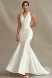 Ivory Mermaid V-Neck Satin Engagement Dress