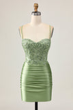 Sage Green Corset Satin Tight Mini Prom Dress with Appliques